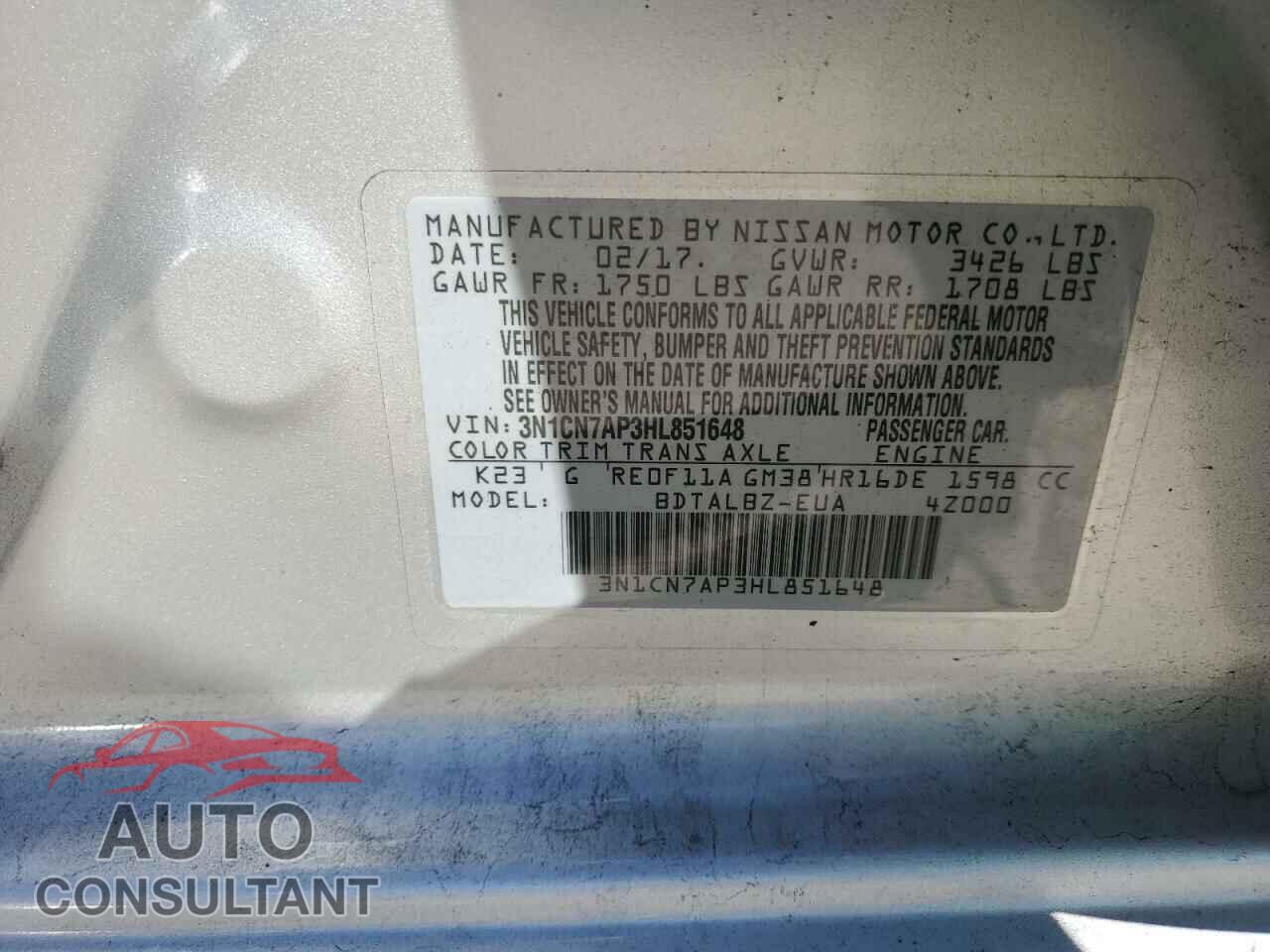 NISSAN VERSA 2017 - 3N1CN7AP3HL851648