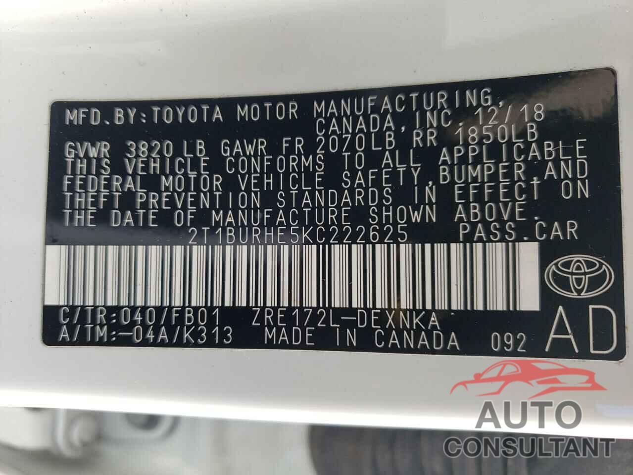TOYOTA COROLLA 2019 - 2T1BURHE5KC222625