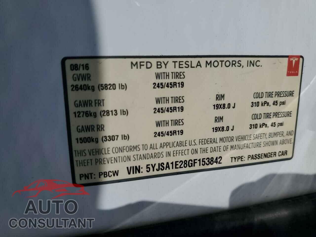 TESLA MODEL S 2016 - 5YJSA1E28GF153842