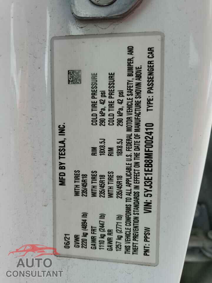 TESLA MODEL 3 2021 - 5YJ3E1EB8MF002410
