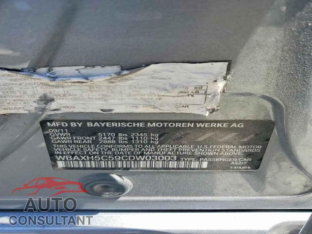 BMW 5 SERIES 2012 - WBAXH5C59CDW03003