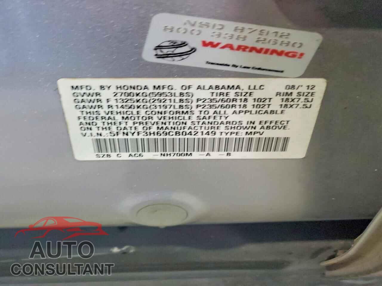 HONDA PILOT 2012 - 5FNYF3H69CB042149