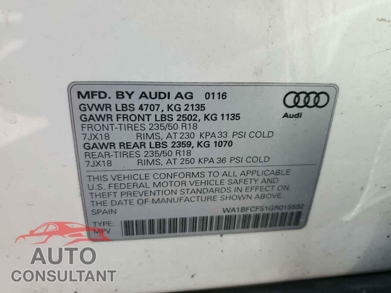 AUDI Q3 2016 - WA1BFCFS1GR015592