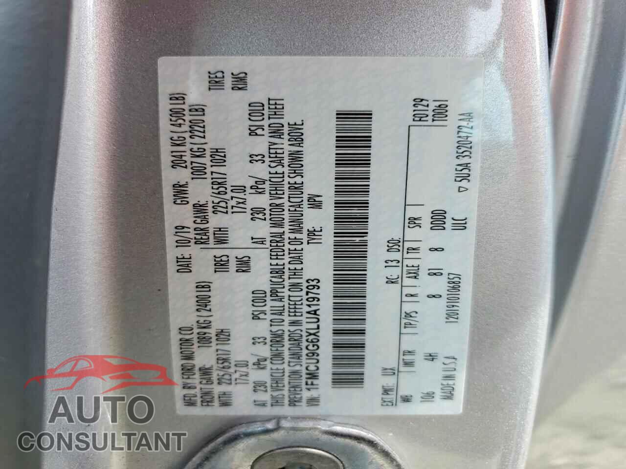 FORD ESCAPE 2020 - 1FMCU9G6XLUA19793
