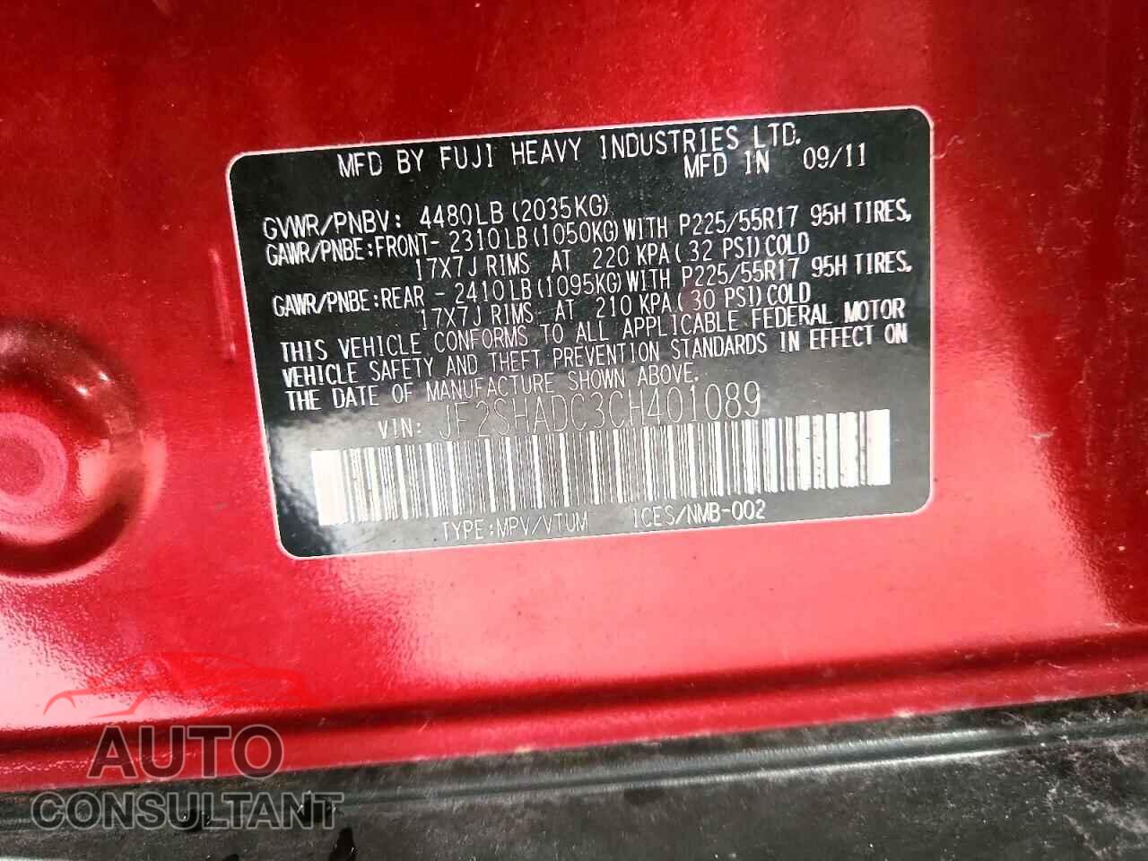 SUBARU FORESTER 2012 - JF2SHADC3CH401089