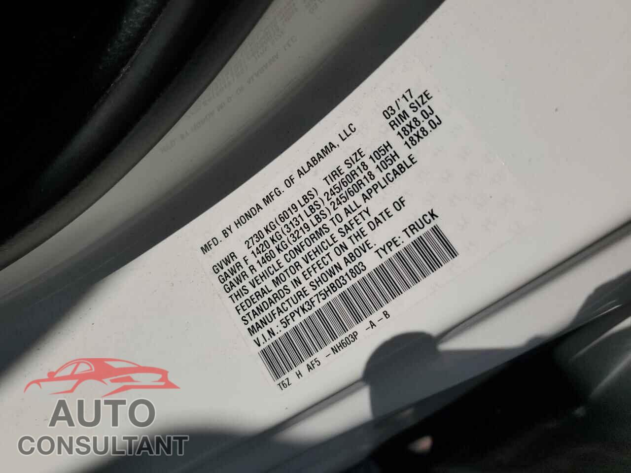 HONDA RIDGELINE 2017 - 5FPYK3F75HB031803
