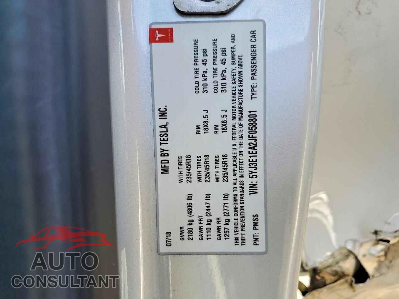 TESLA MODEL 3 2018 - 5YJ3E1EA2JF058801