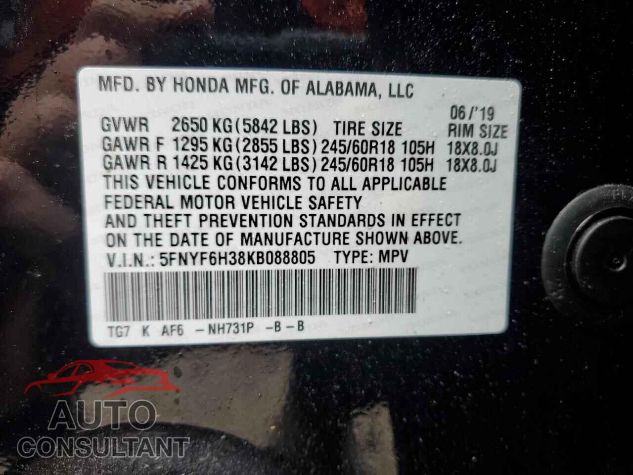 HONDA PILOT 2019 - 5FNYF6H38KB088805