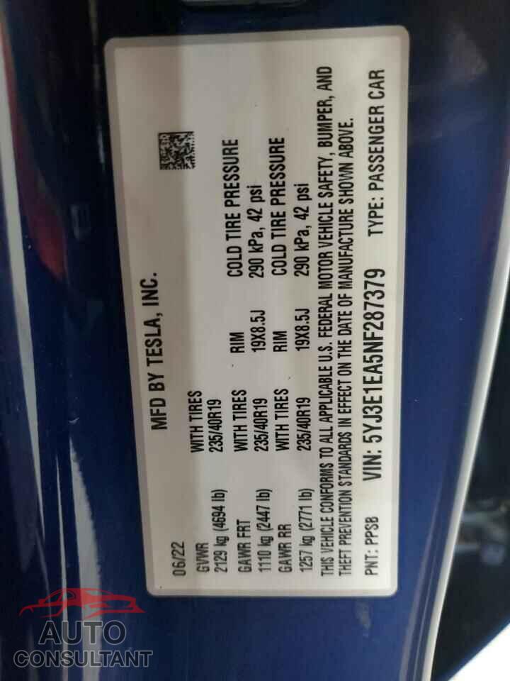 TESLA MODEL 3 2022 - 5YJ3E1EA5NF287379