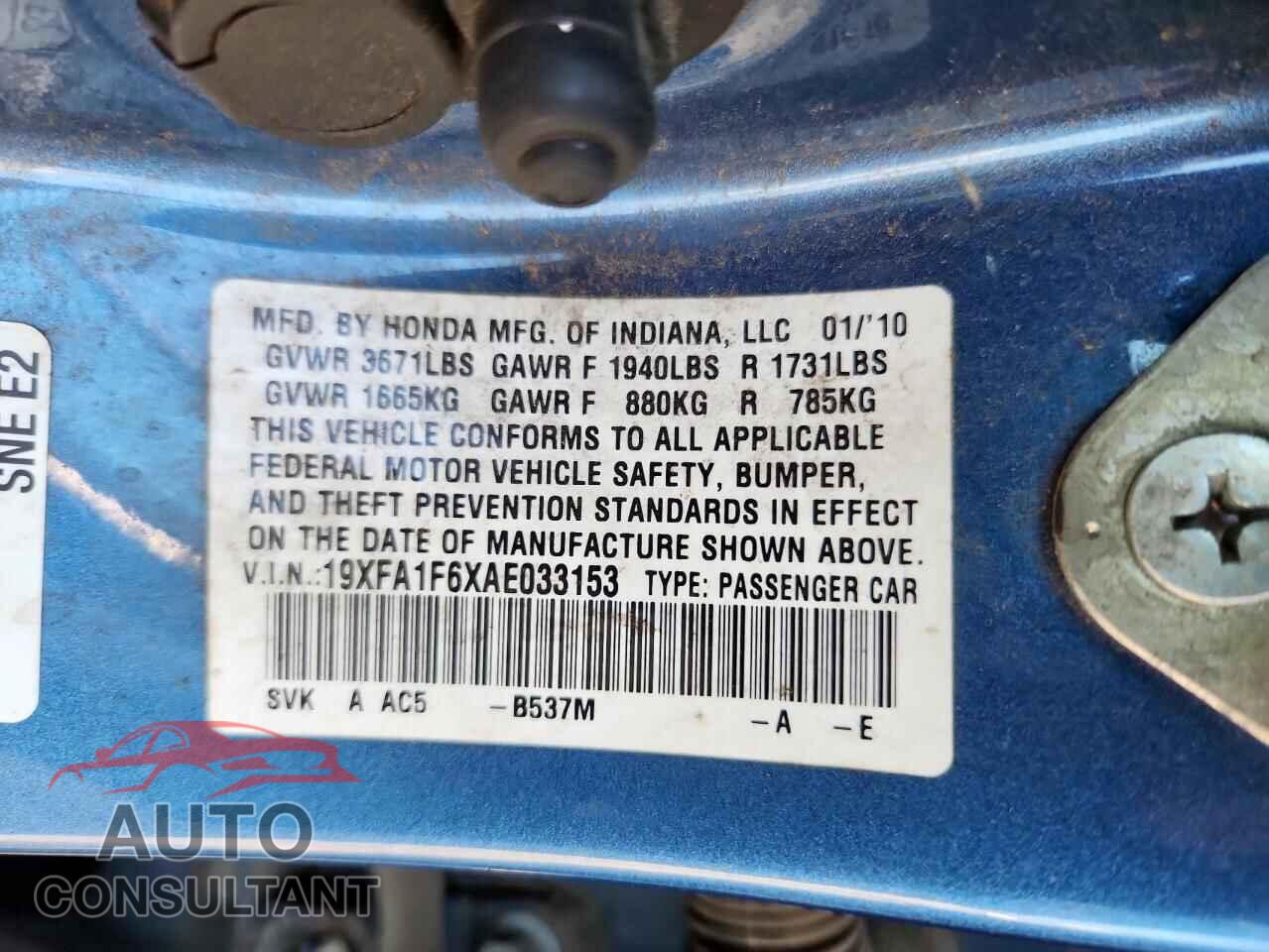 HONDA CIVIC 2010 - 19XFA1F6XAE033153