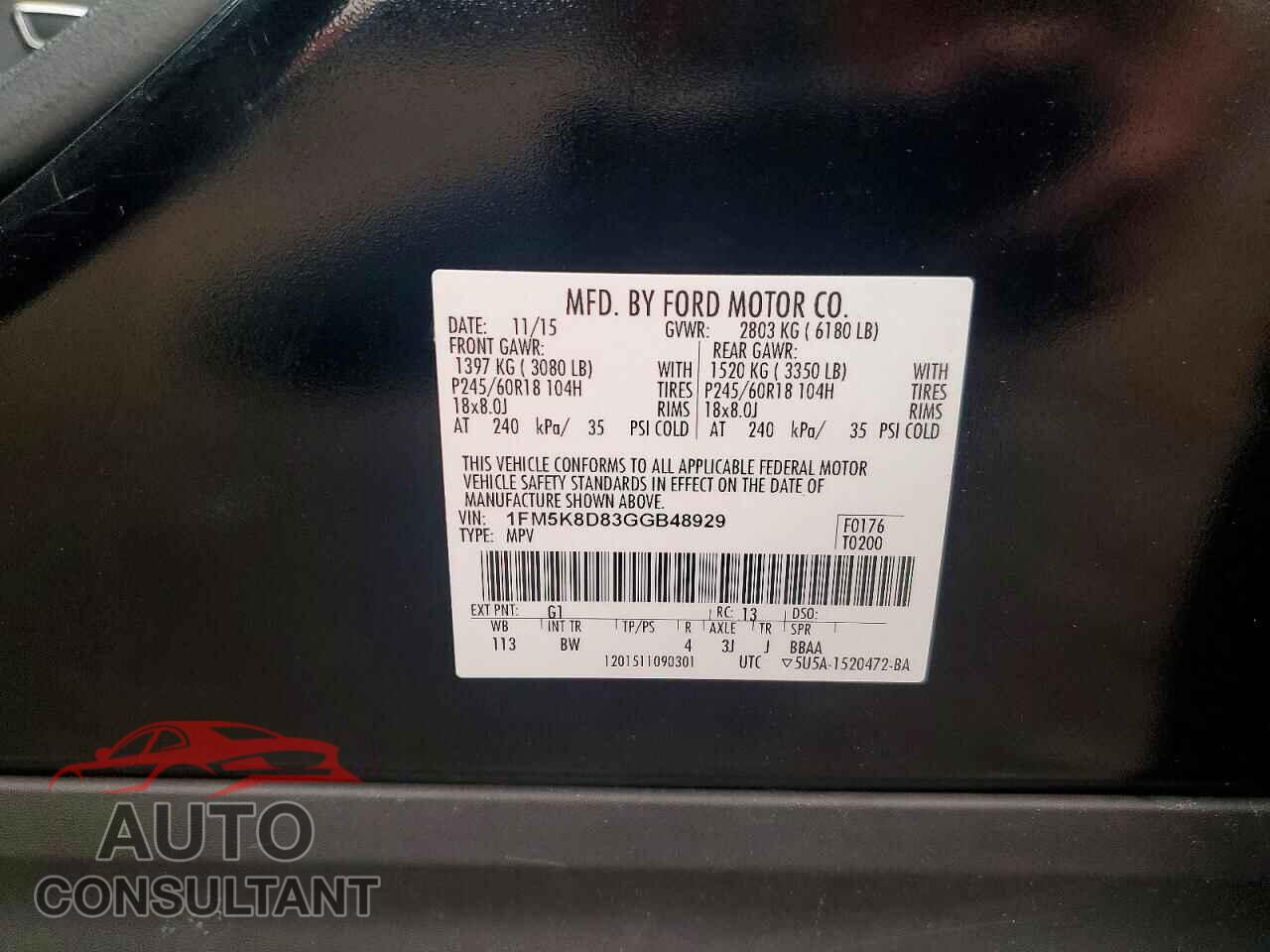 FORD EXPLORER 2016 - 1FM5K8D83GGB48929