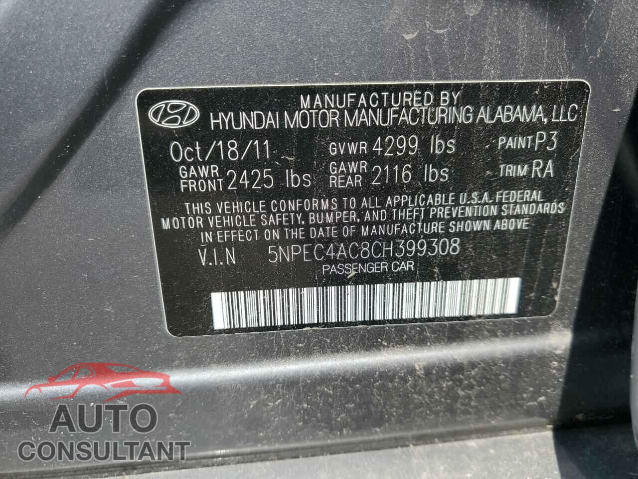 HYUNDAI SONATA 2012 - 5NPEC4AC8CH399308