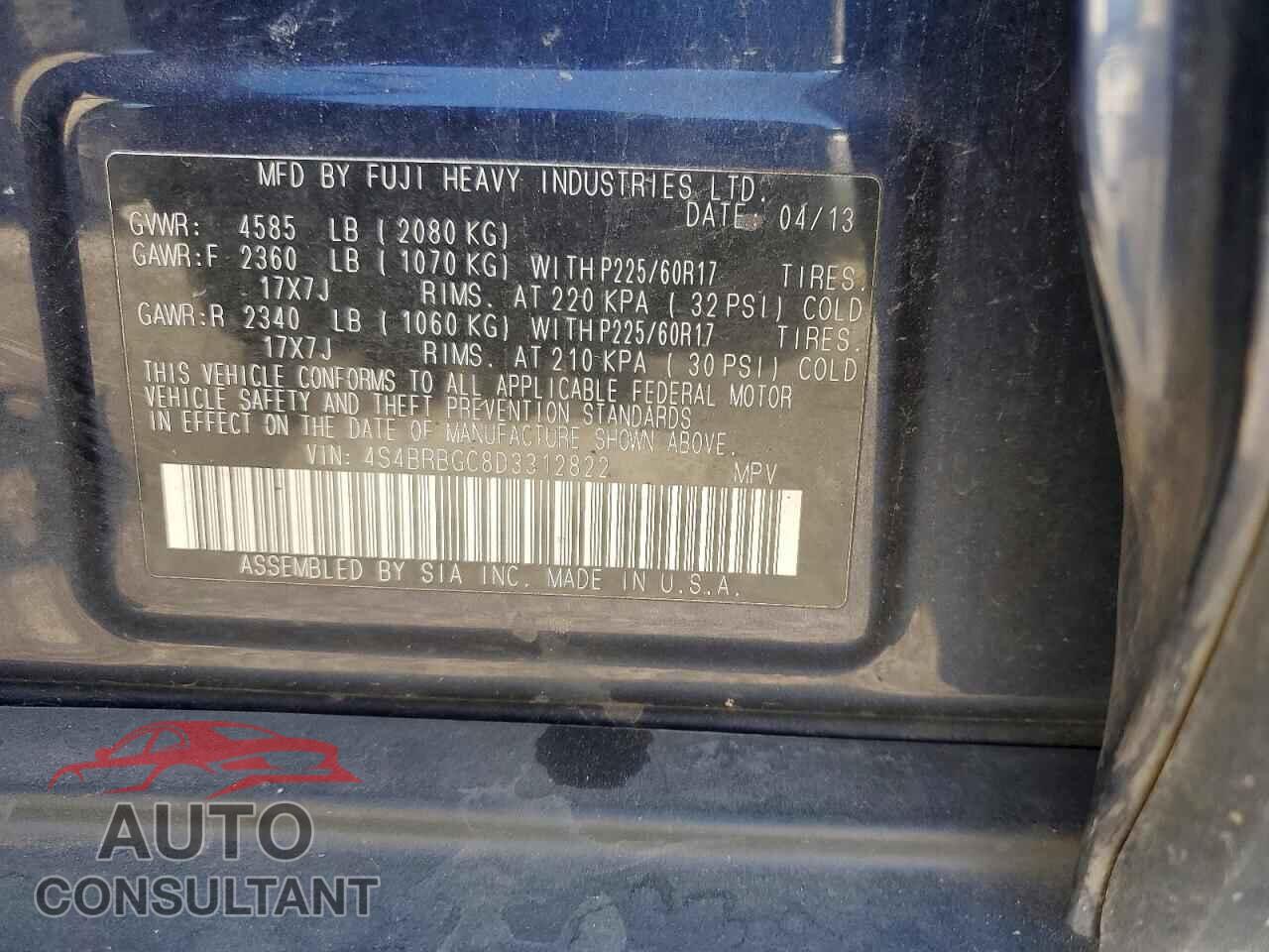 SUBARU OUTBACK 2013 - 4S4BRBGC8D3312822