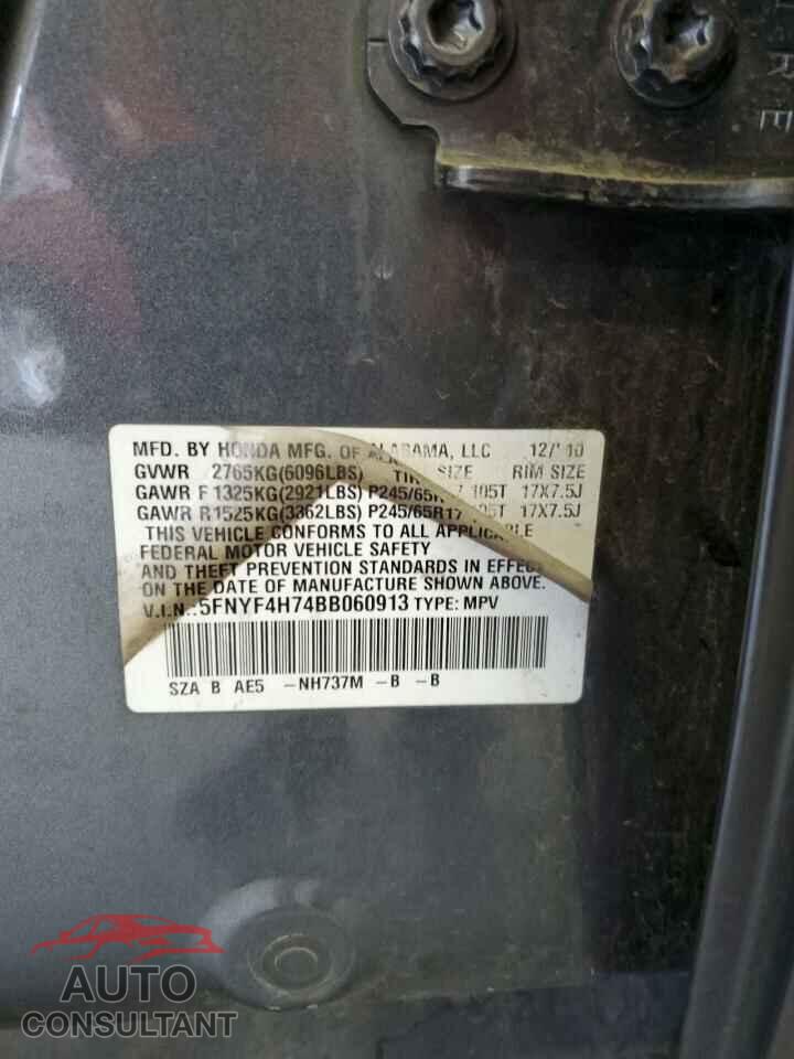 HONDA PILOT 2011 - 5FNYF4H74BB060913