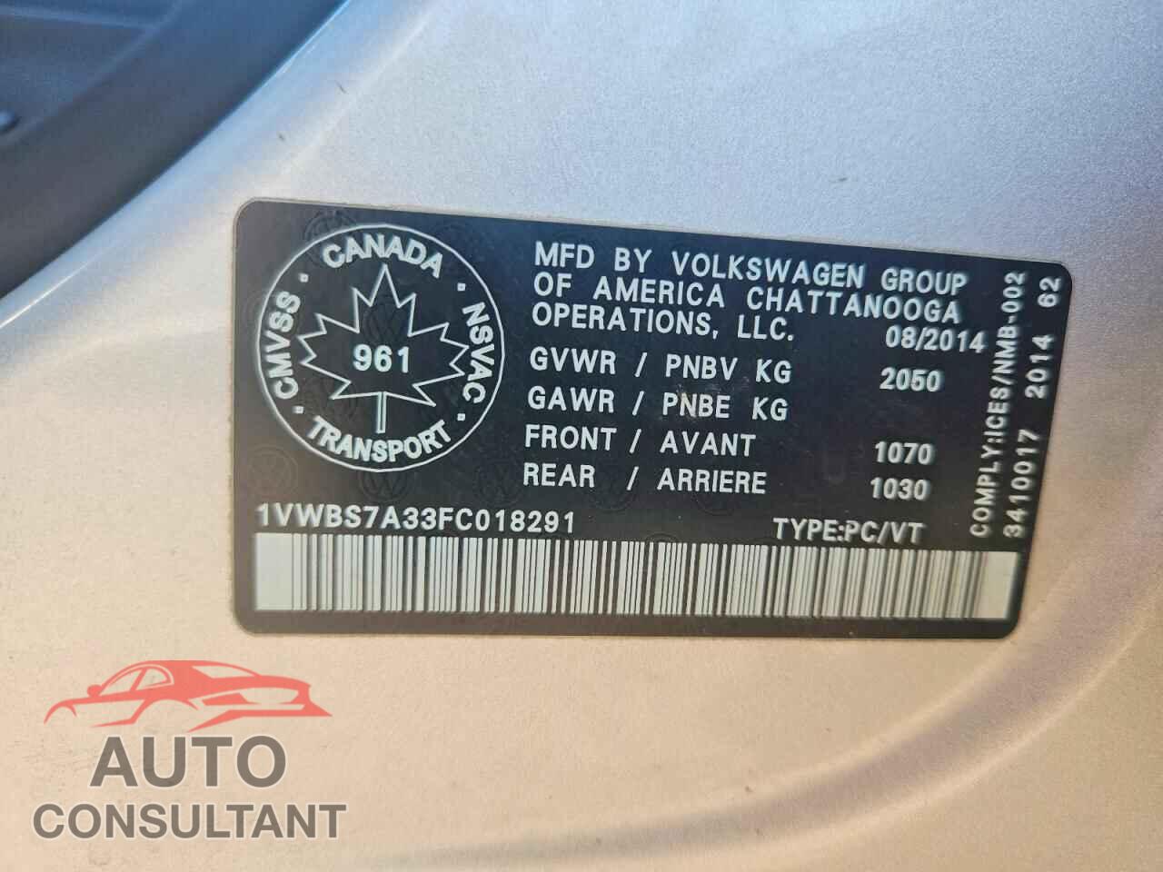 VOLKSWAGEN PASSAT 2015 - 1VWBS7A33FC018291