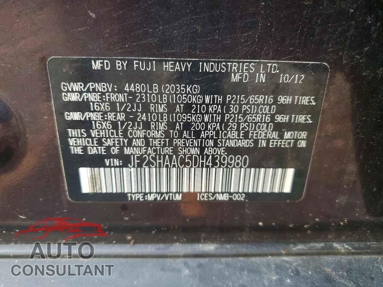 SUBARU FORESTER 2013 - JF2SHAAC5DH439980