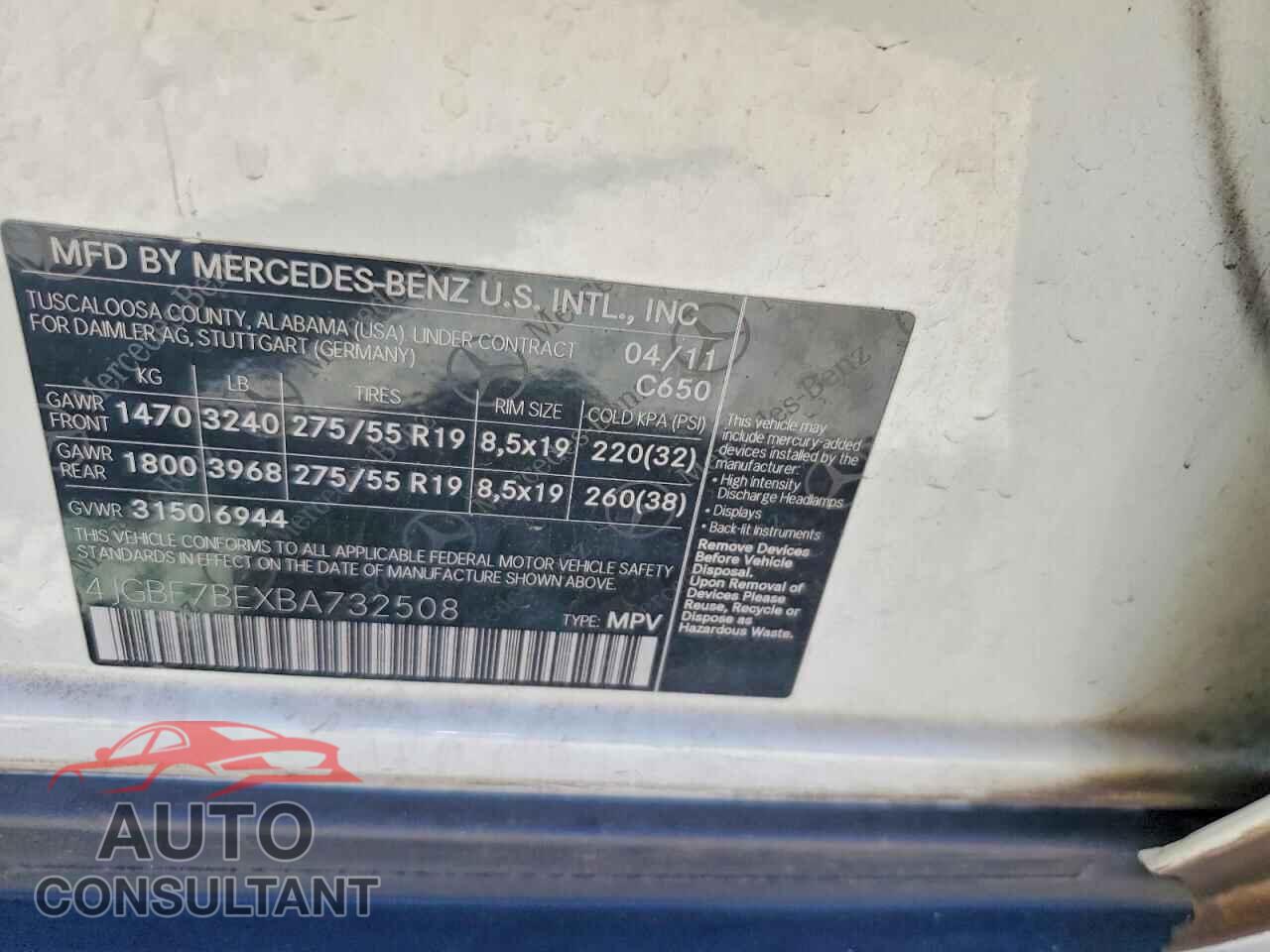 MERCEDES-BENZ GL-CLASS 2011 - 4JGBF7BEXBA732508