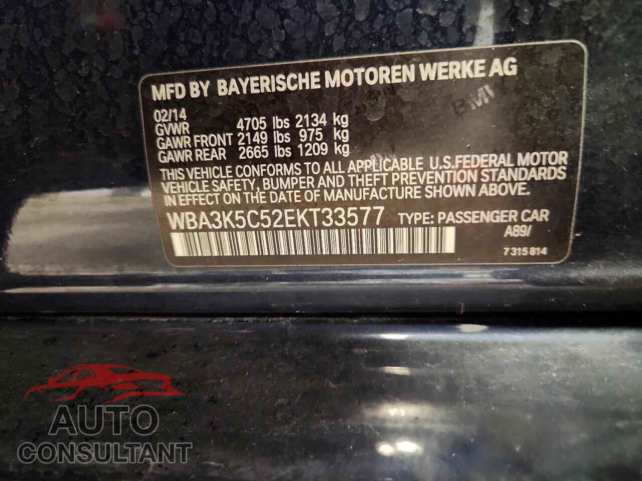 BMW 3 SERIES 2014 - WBA3K5C52EKT33577