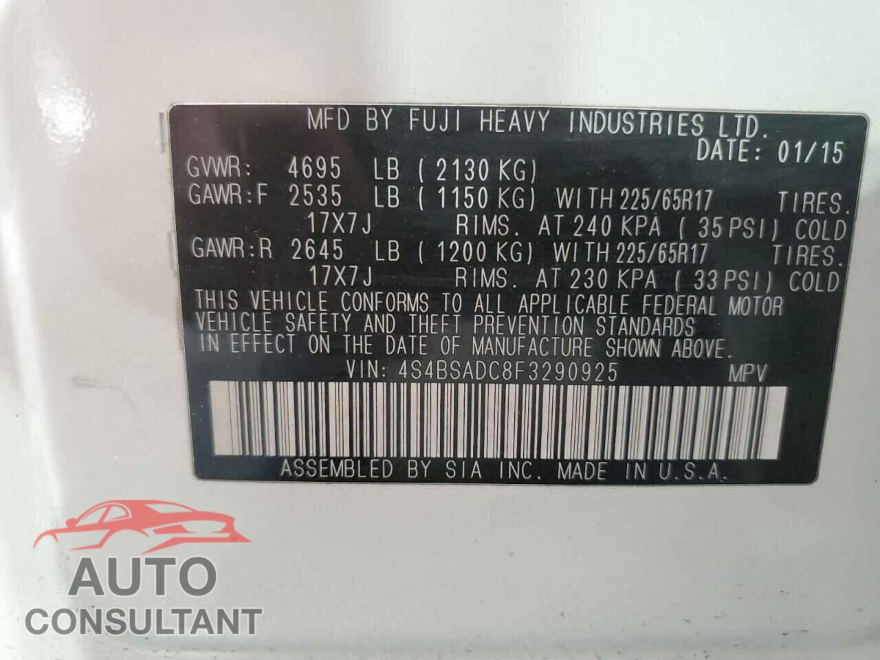 SUBARU OUTBACK 2015 - 4S4BSADC8F3290925