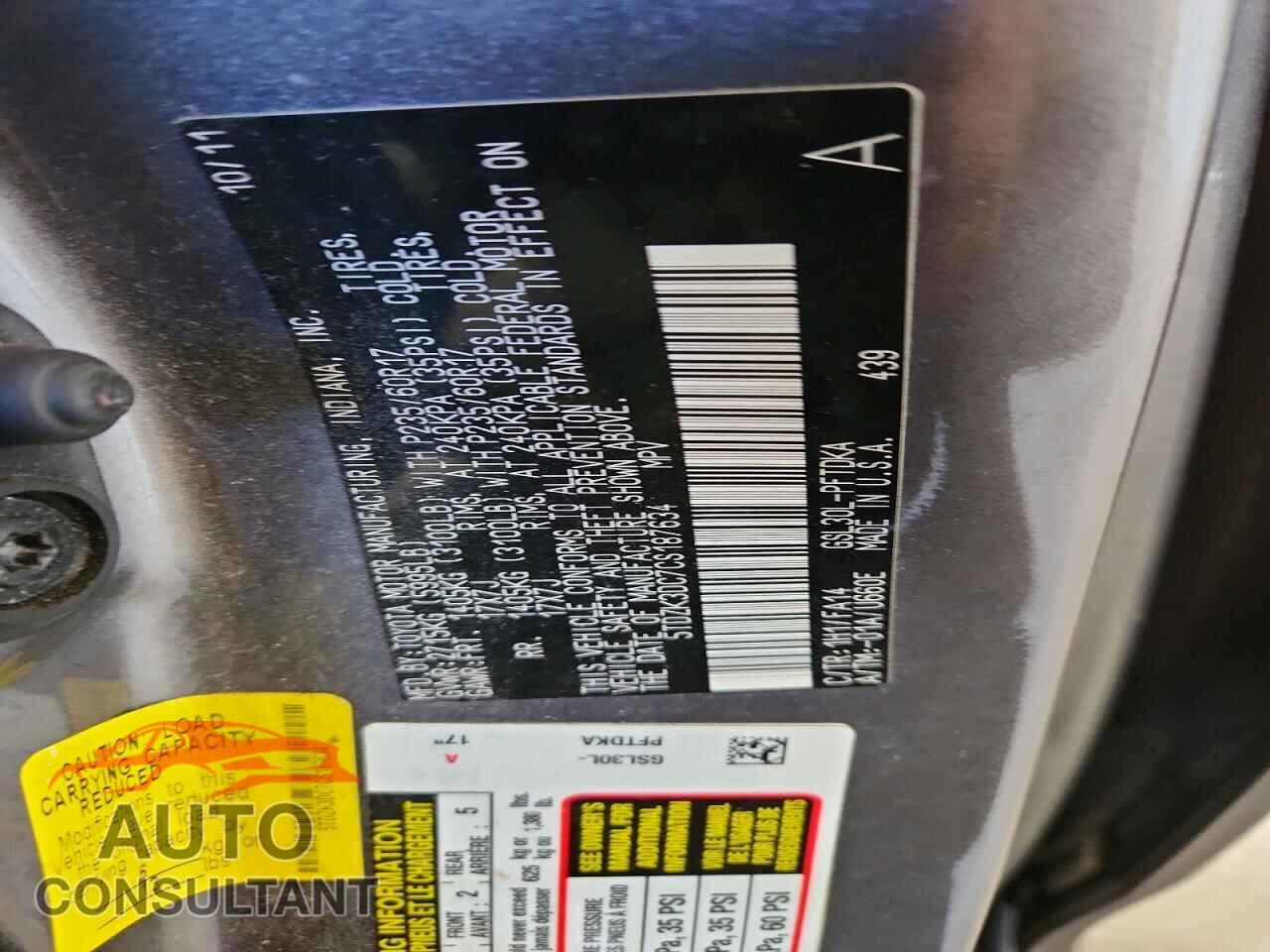 TOYOTA SIENNA 2012 - 5TDZK3DC7CS187634