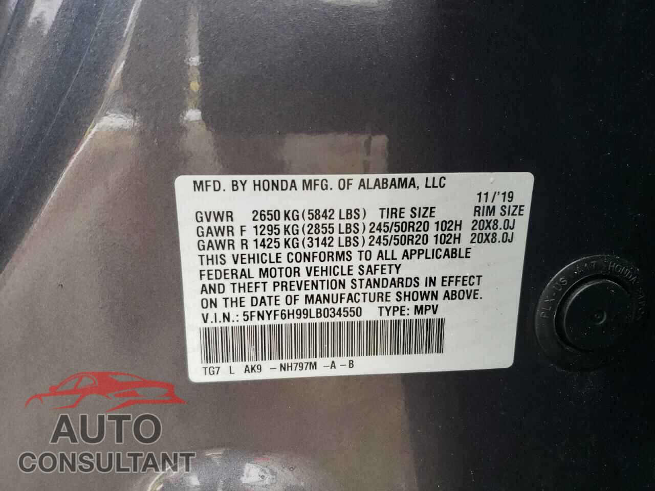 HONDA PILOT 2020 - 5FNYF6H99LB034550