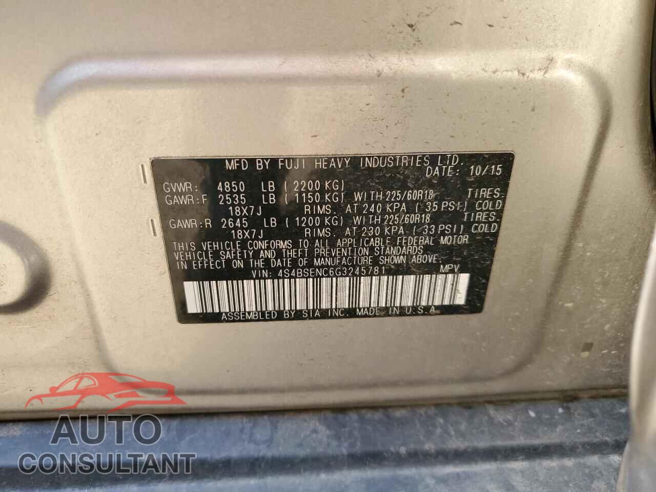 SUBARU OUTBACK 2016 - 4S4BSENC6G3245781