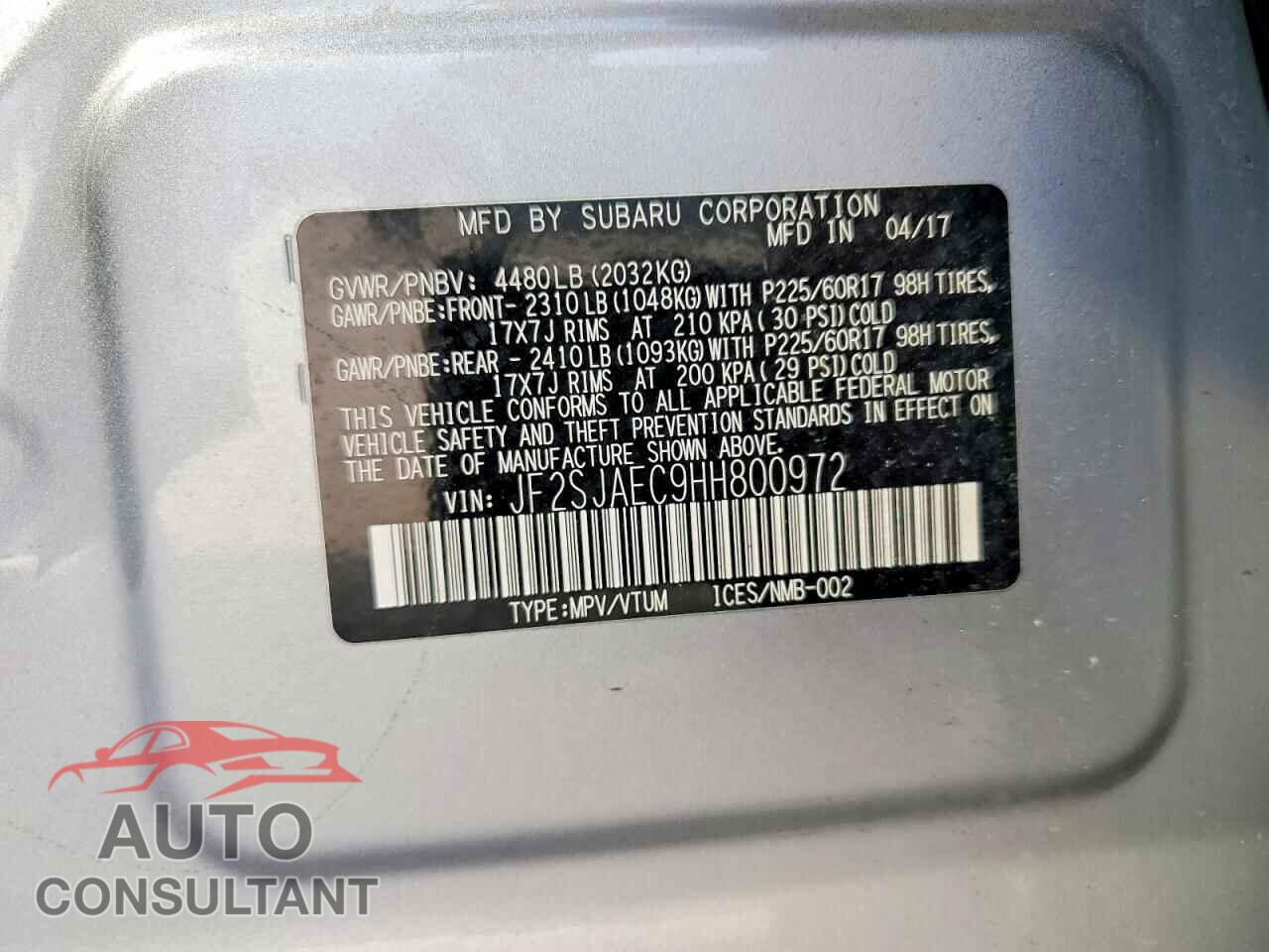 SUBARU FORESTER 2017 - JF2SJAEC9HH800972