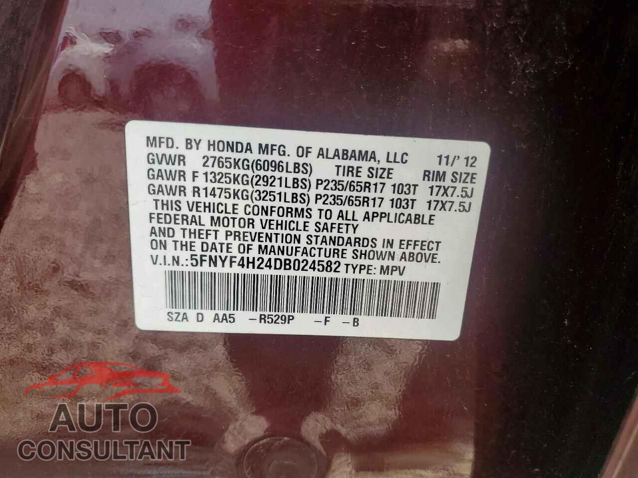 HONDA PILOT 2013 - 5FNYF4H24DB024582