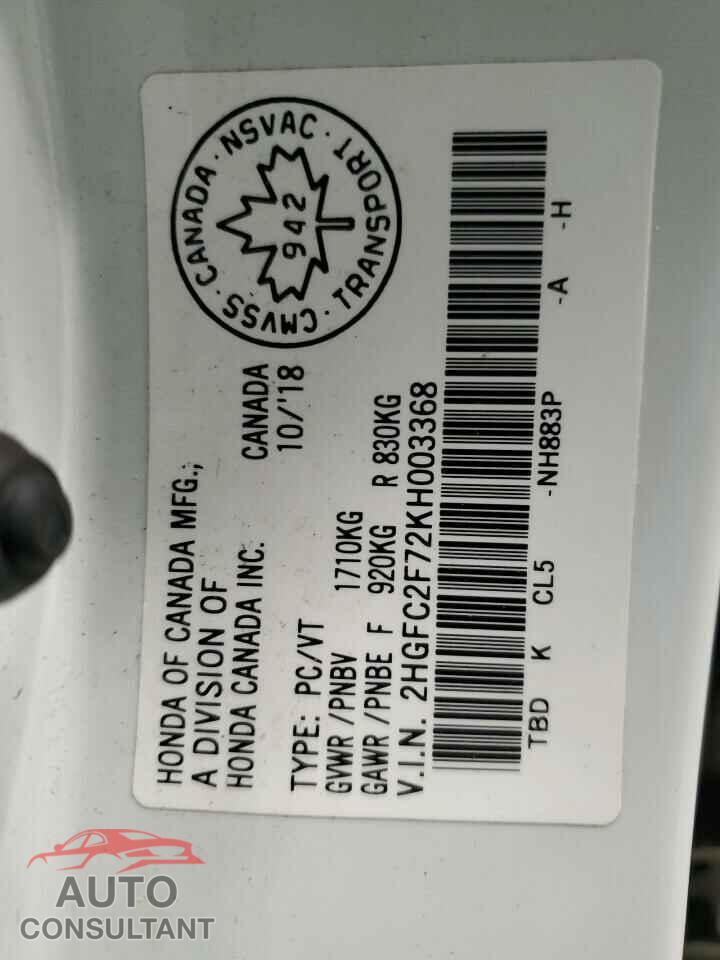 HONDA CIVIC 2019 - 2HGFC2F72KH003368