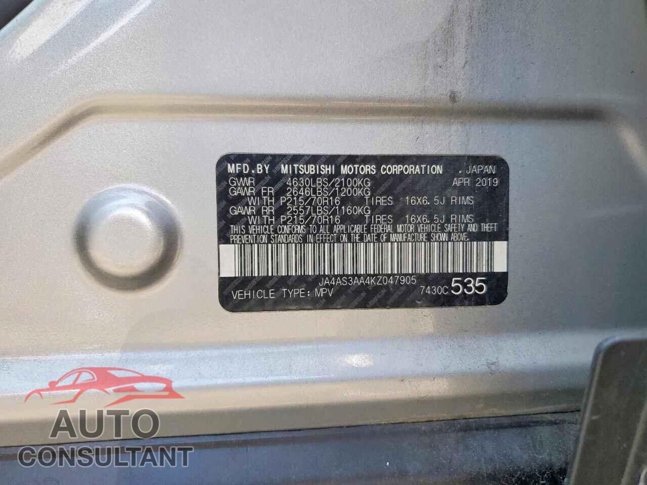 MITSUBISHI ECLIPSE 2019 - JA4AS3AA4KZ047905