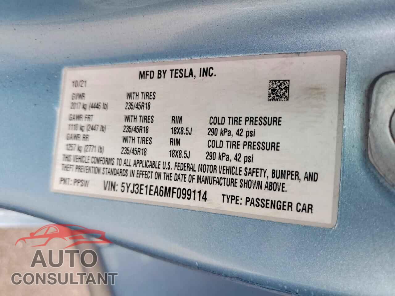 TESLA MODEL 3 2021 - 5YJ3E1EA6MF099114