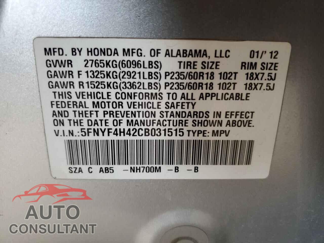 HONDA PILOT 2012 - 5FNYF4H42CB031515