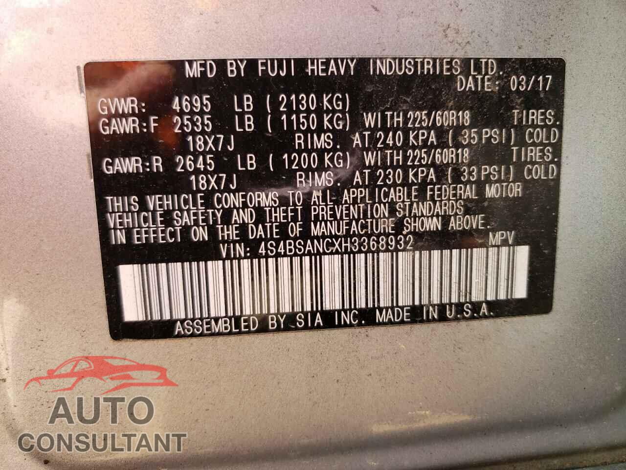 SUBARU OUTBACK 2017 - 4S4BSANCXH3368932