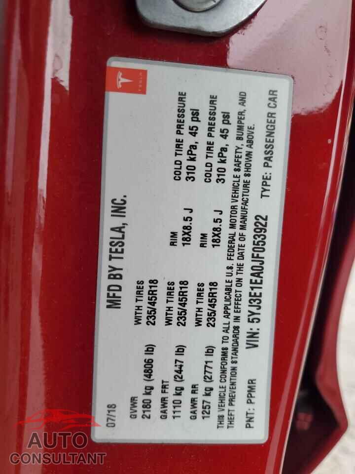 TESLA MODEL 3 2018 - 5YJ3E1EA0JF053922
