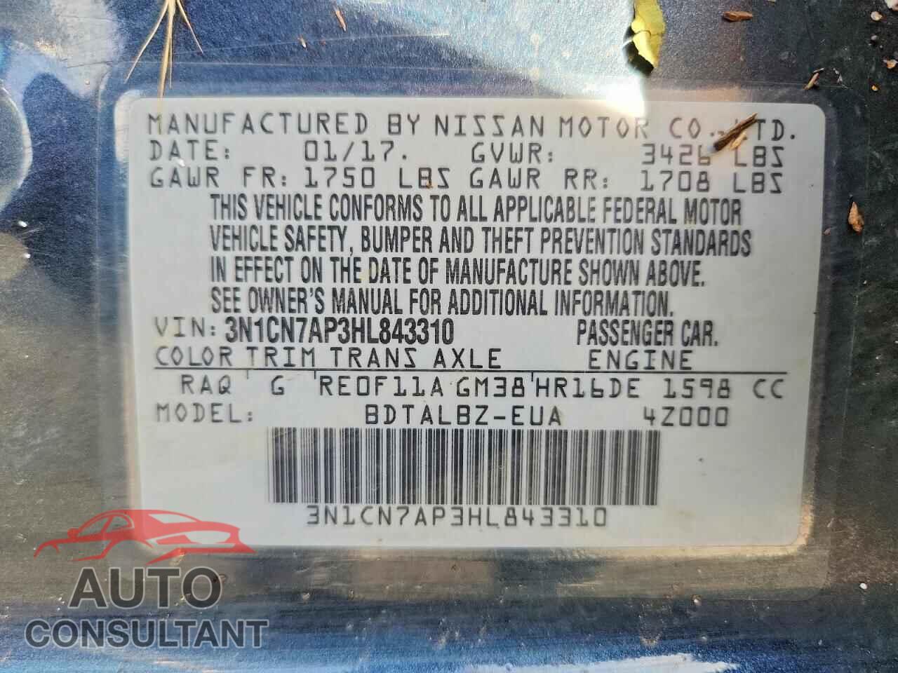 NISSAN VERSA 2017 - 3N1CN7AP3HL843310