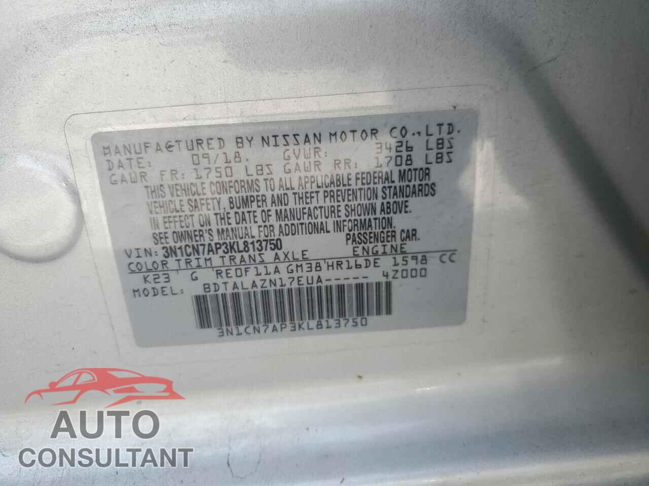 NISSAN VERSA 2019 - 3N1CN7AP3KL813750