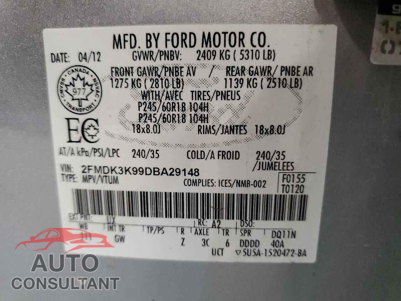 FORD EDGE 2013 - 2FMDK3K99DBA29148