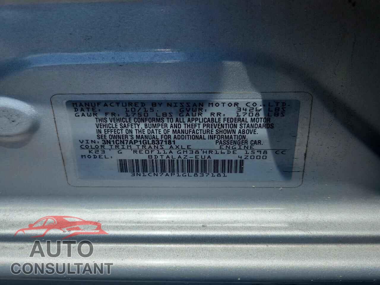 NISSAN VERSA 2016 - 3N1CN7AP1GL837181