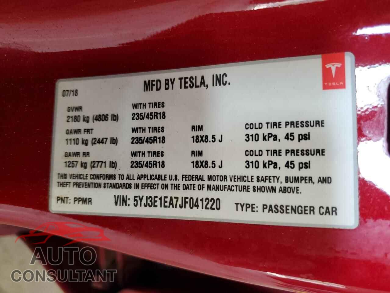TESLA MODEL 3 2018 - 5YJ3E1EA7JF041220