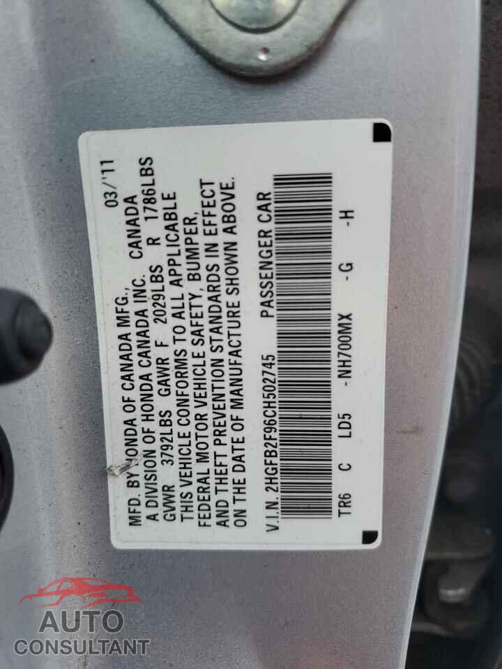 HONDA CIVIC 2012 - 2HGFB2F96CH502745
