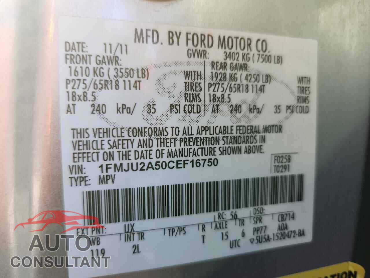 FORD EXPEDITION 2012 - 1FMJU2A50CEF16750