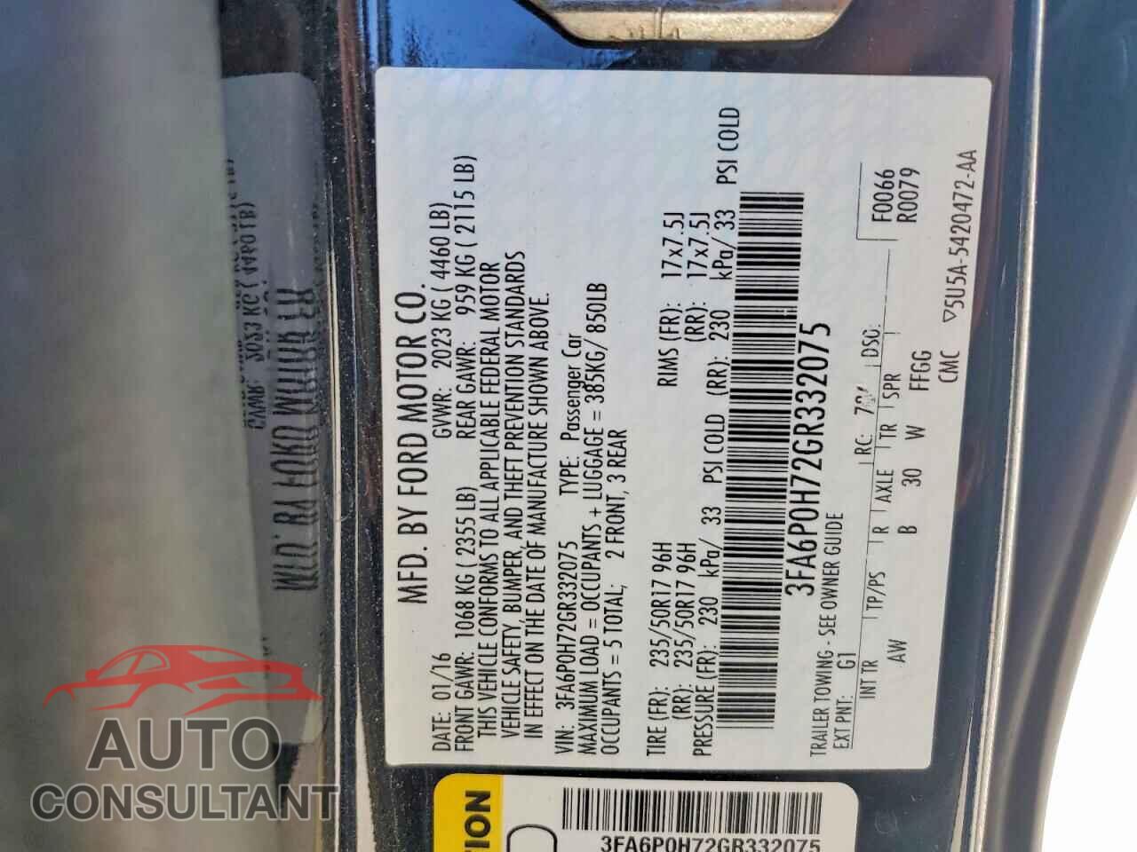 FORD FUSION 2016 - 3FA6P0H72GR332075
