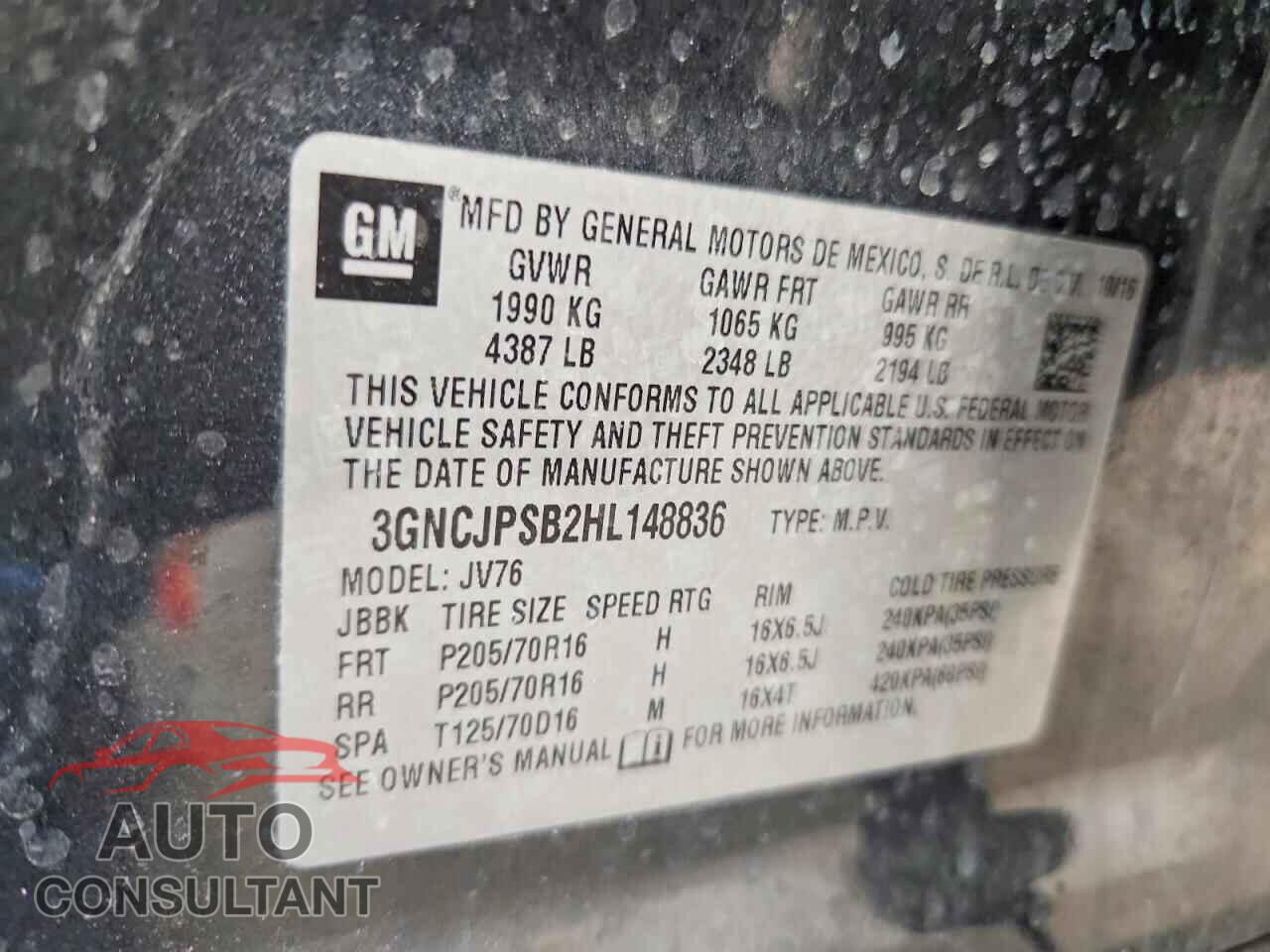 CHEVROLET TRAX 2017 - 3GNCJPSB2HL148836
