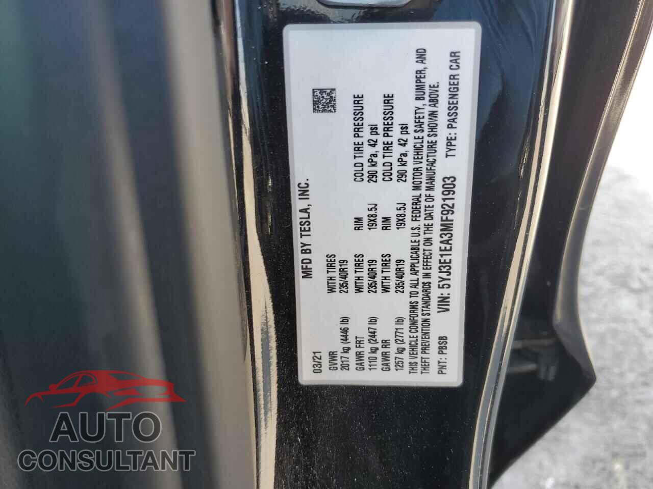 TESLA MODEL 3 2021 - 5YJ3E1EA3MF921903