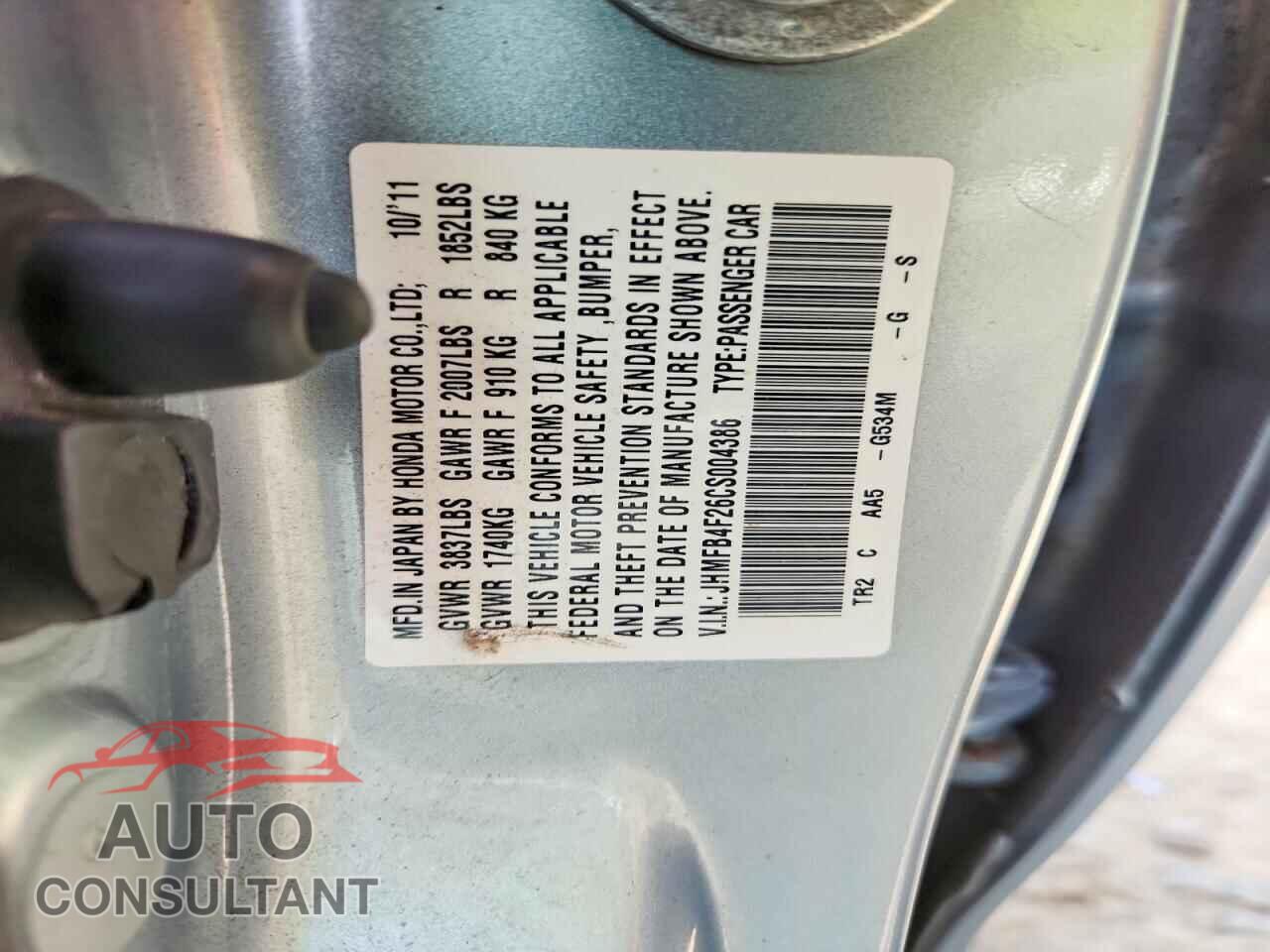 HONDA CIVIC 2012 - JHMFB4F26CS004386