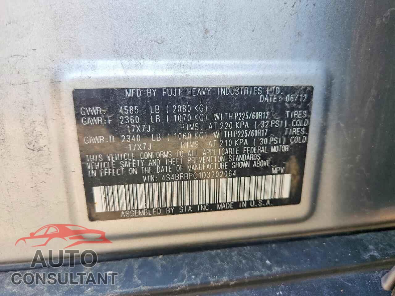 SUBARU OUTBACK 2013 - 4S4BRBPC1D3202064