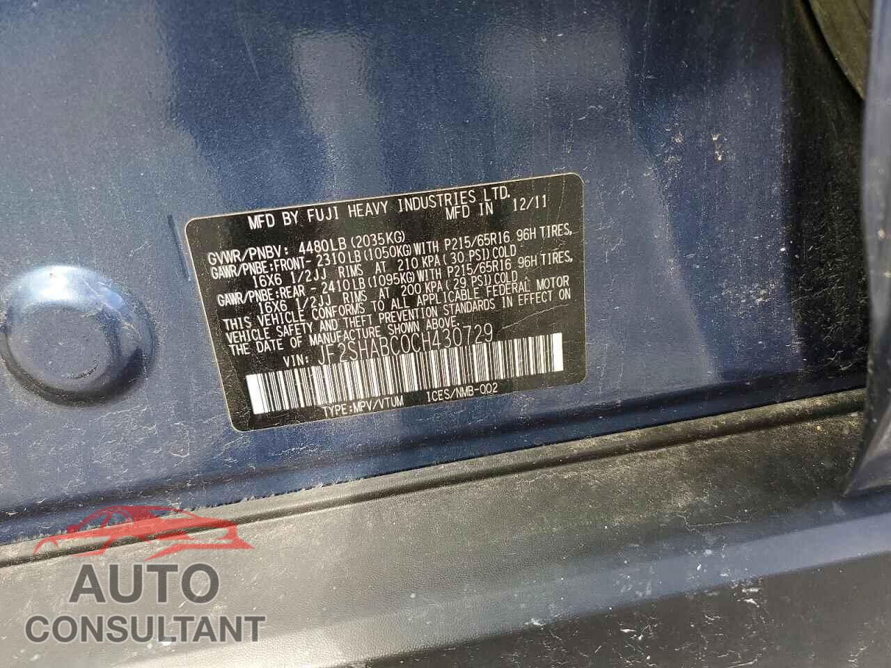 SUBARU FORESTER 2012 - JF2SHABC0CH430729
