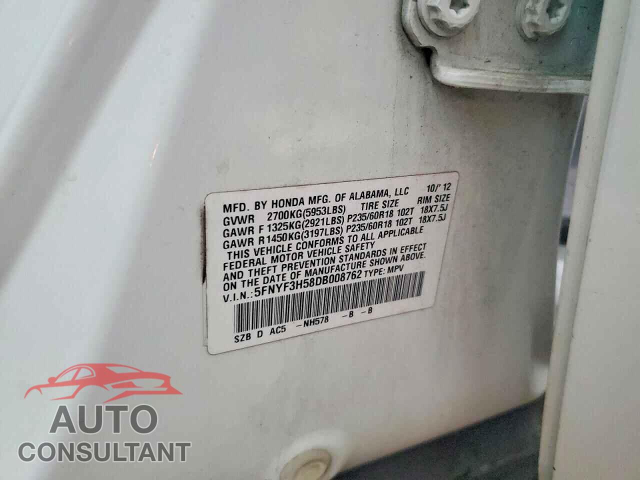 HONDA PILOT 2013 - 5FNYF3H58DB008762