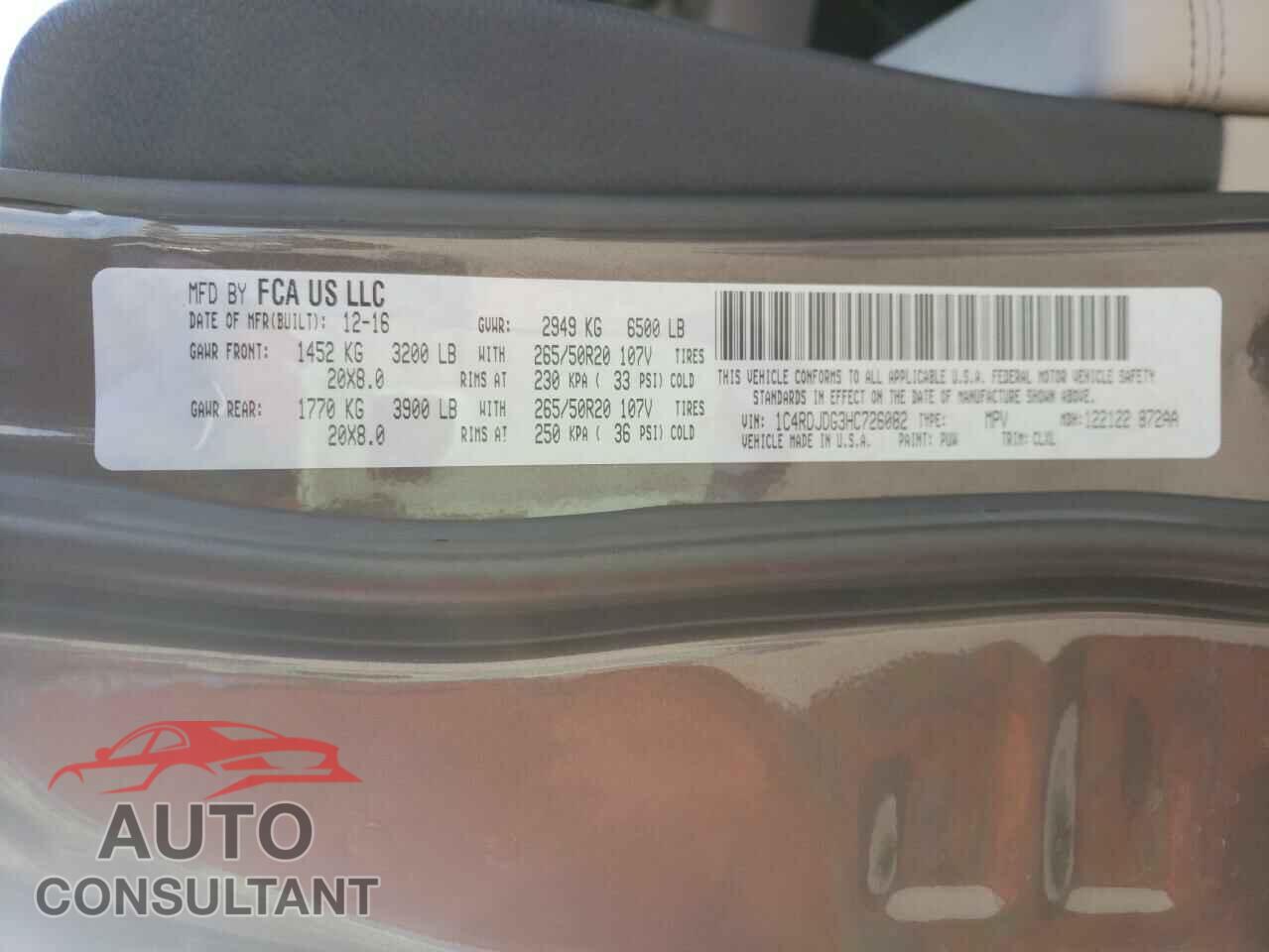 DODGE DURANGO 2017 - 1C4RDJDG3HC726082