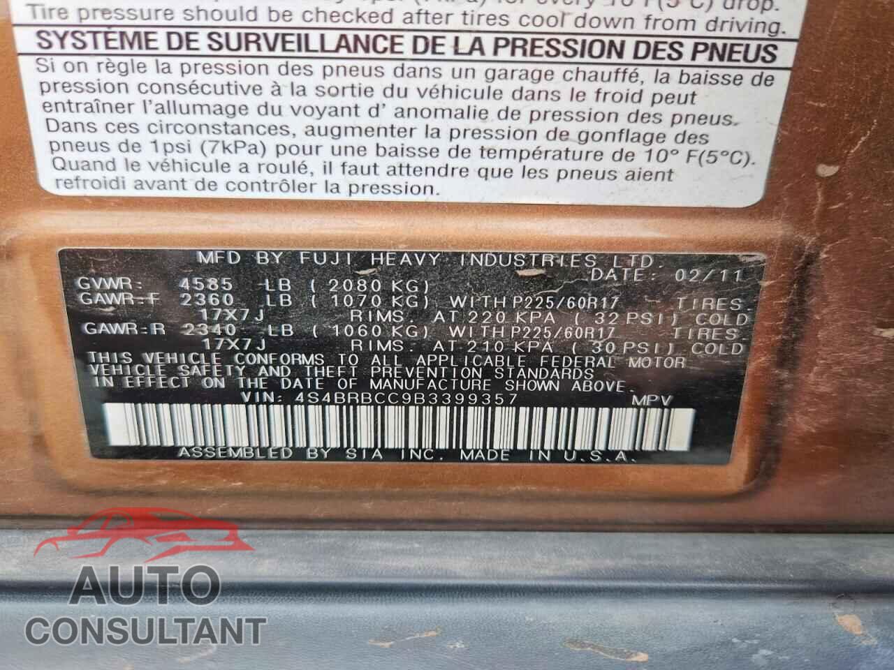 SUBARU OUTBACK 2011 - 4S4BRBCC9B3399357